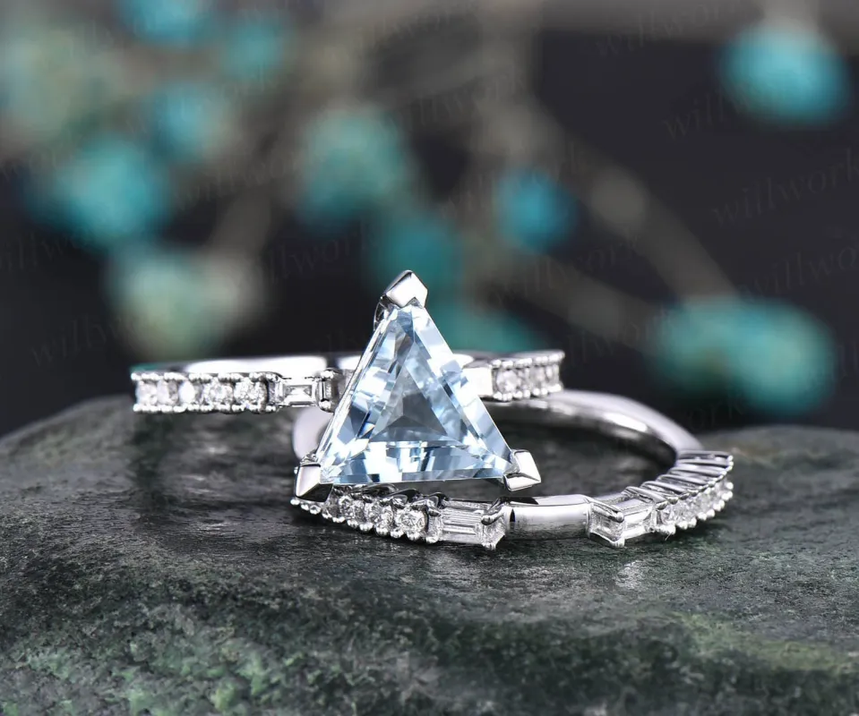 2pcs trillion cut aquamarine engagement ring set 14k white gold real diamond vintage antique unique March birthstone wedding bridal ring set sold by Willwork Jewelry