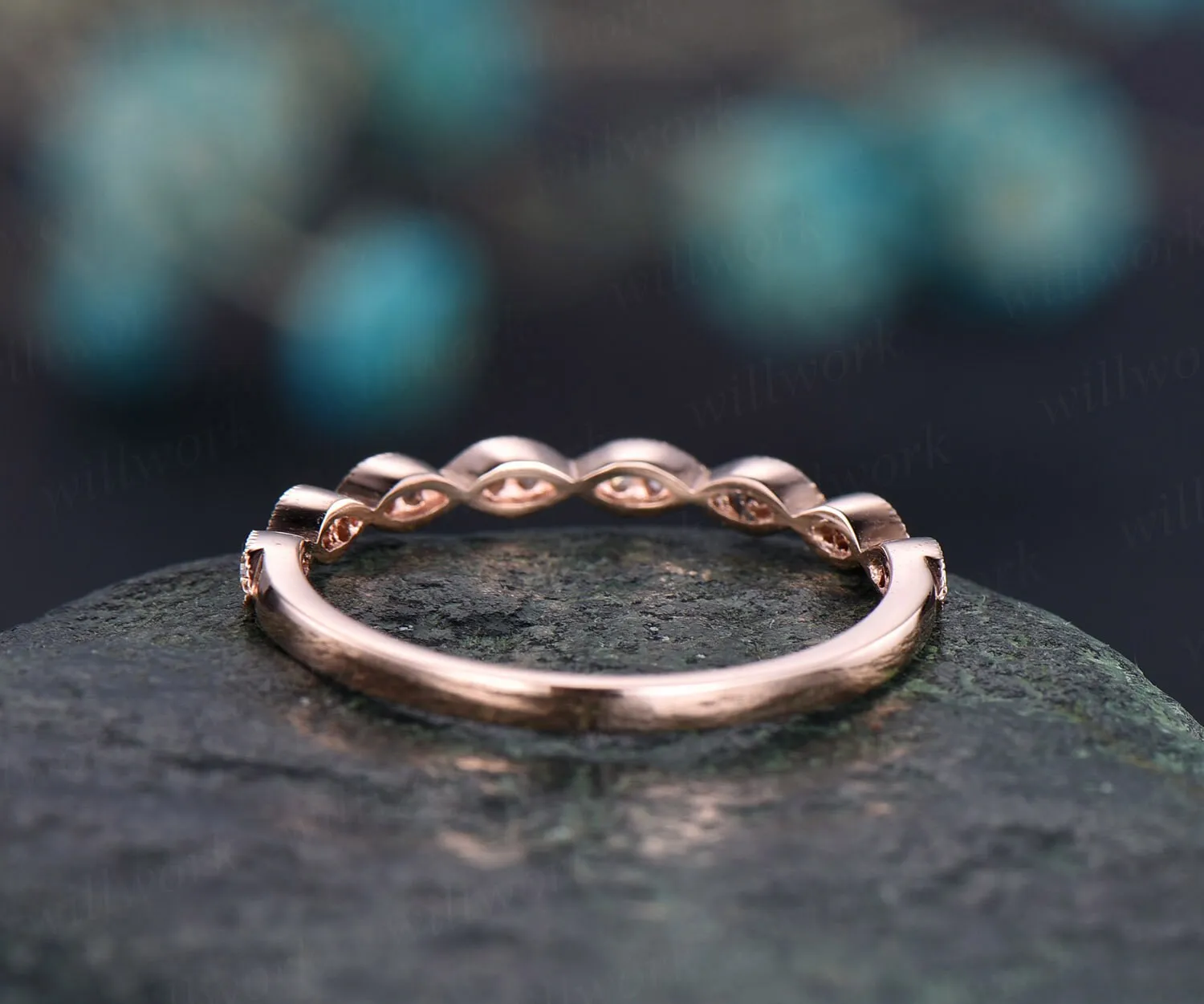 Art deco diamond wedding ring band 14k rose gold marquise diamond wedding half eternity matching stacking promise bridal ring band jewelry sold by Willwork Jewelry product image thumbnail 4