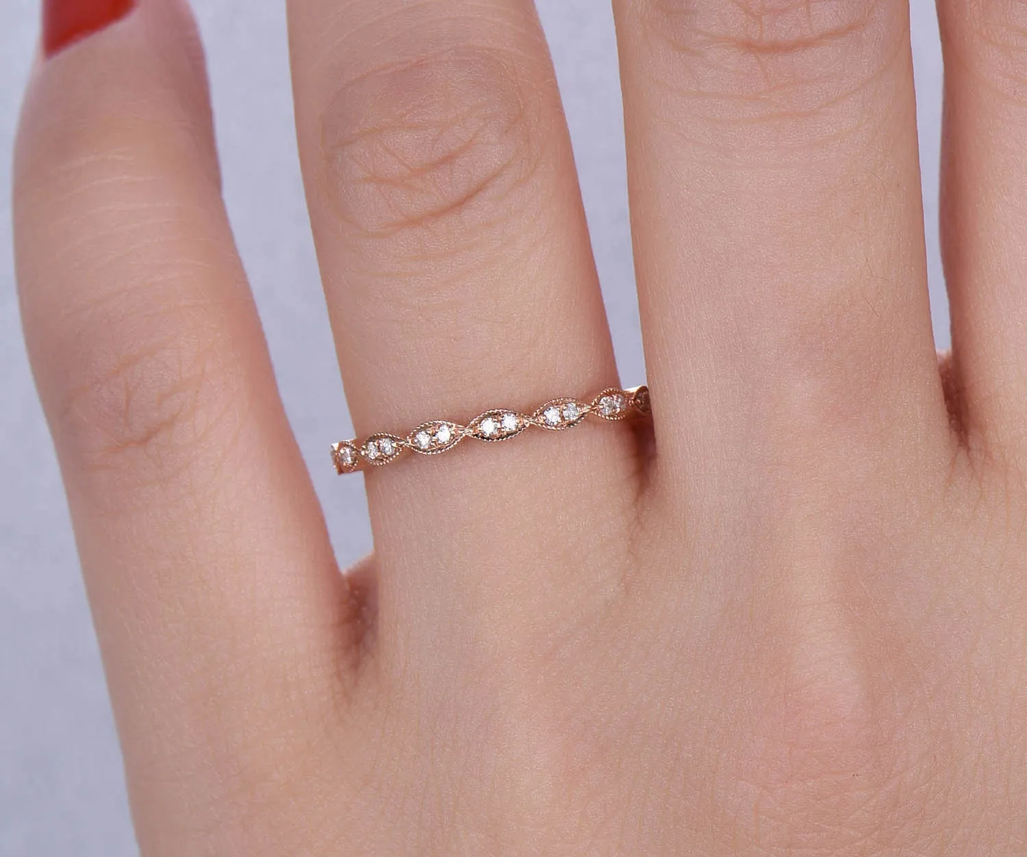 Art deco diamond wedding ring band 14k rose gold marquise diamond wedding half eternity matching stacking promise bridal ring band jewelry sold by Willwork Jewelry product image thumbnail 2