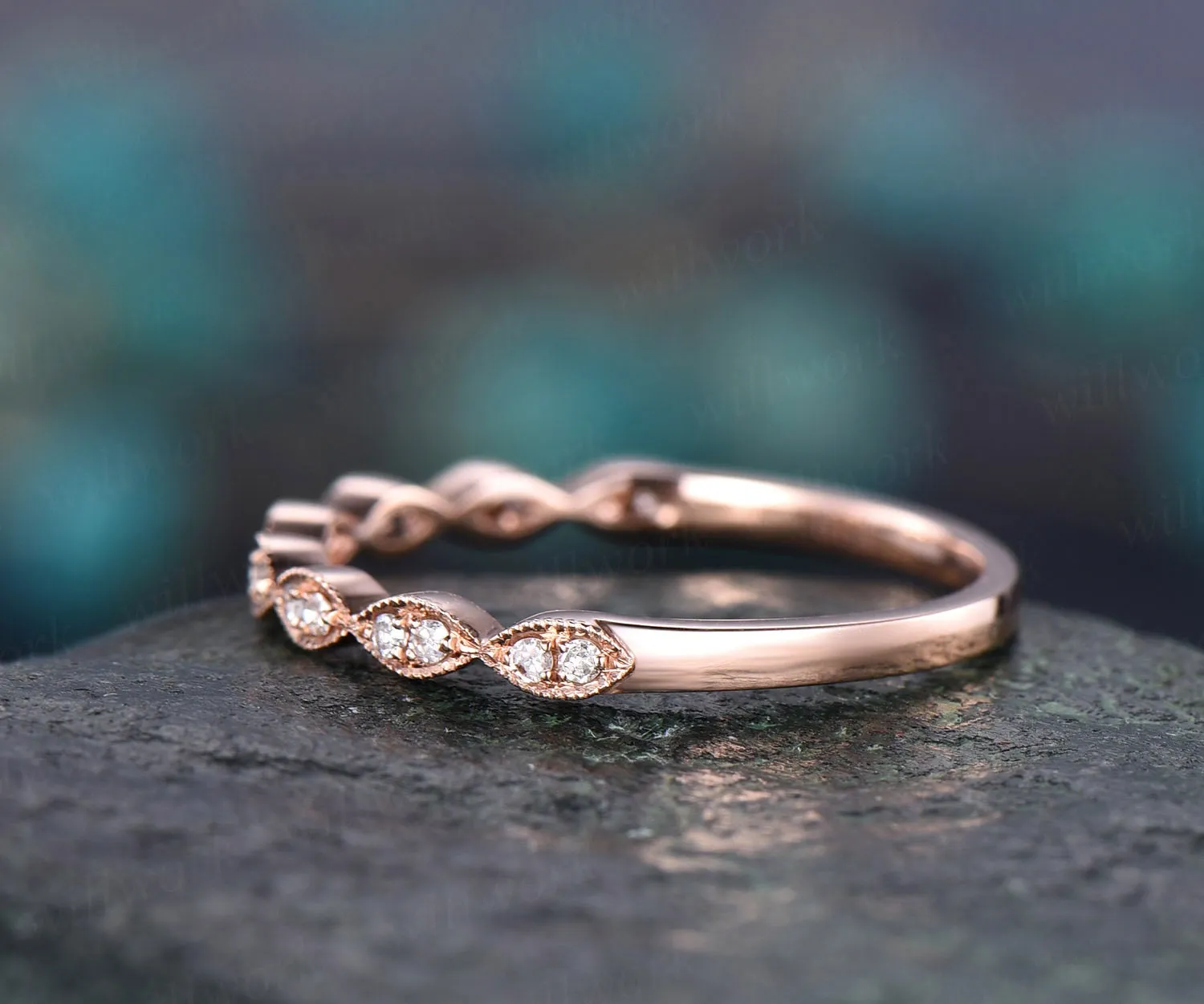 Art deco diamond wedding ring band 14k rose gold marquise diamond wedding half eternity matching stacking promise bridal ring band jewelry sold by Willwork Jewelry product image thumbnail 3