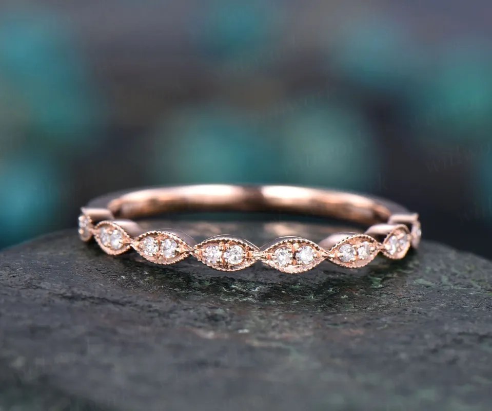 Art deco diamond wedding ring band 14k rose gold marquise diamond wedding half eternity matching stacking promise bridal ring band jewelry sold by Willwork Jewelry