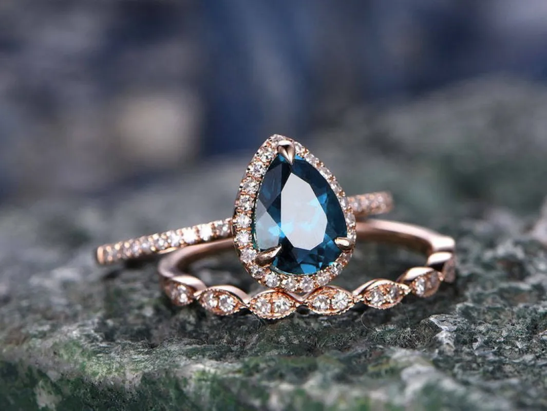 2pcs Pear cut London blue topaz engagement ring set rose gold topaz ring gold handmade diamond matching wedding November birthstone ring set sold by Willwork Jewelry