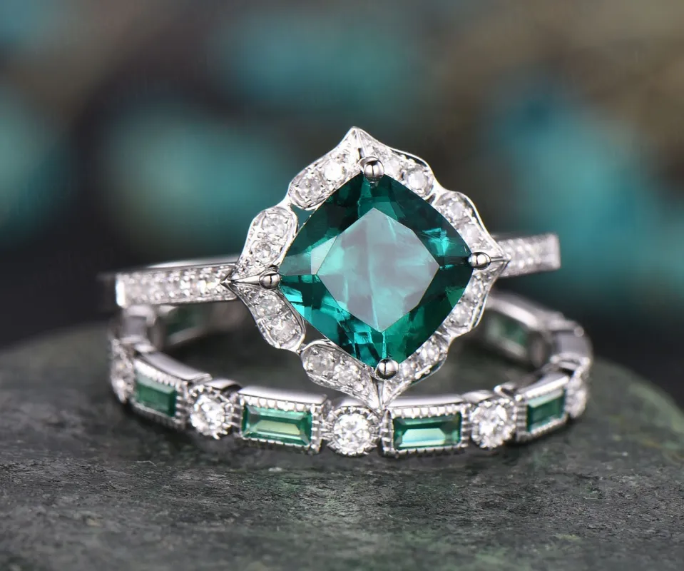 Green emerald engagement ring set white rose gold 2pc flower diamond halo full eternity emerald matching May birthstone bridal wedding ring sold by Willwork Jewelry