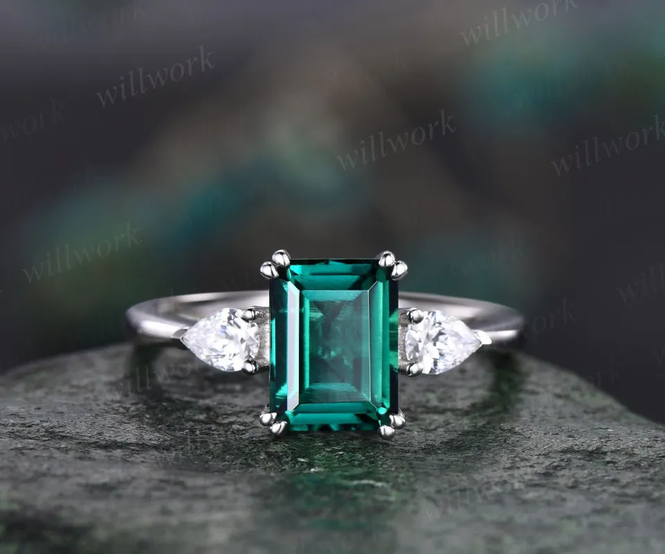 Vintage emerald cut emerald engagement ring 14k white gold three stone pear moissanite ring minimalist 8 prong bridal wedding ring for women sold by Willwork Jewelry