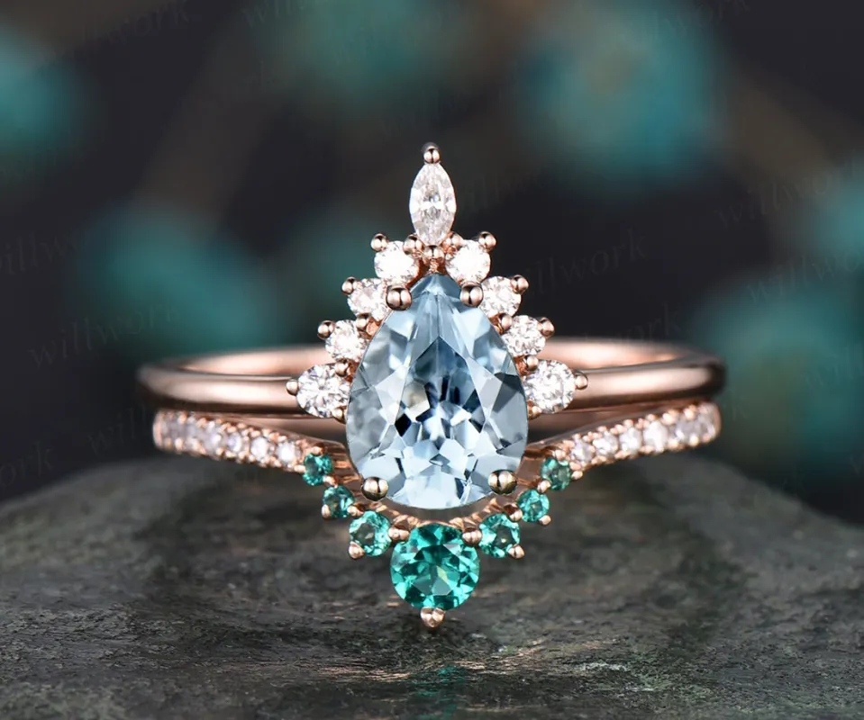 Vintage rose gold ring set emerald ring gold 2pcs teardrop aquamarine engagement ring moissanite ring March birthstone ring custom jewelry sold by Willwork Jewelry