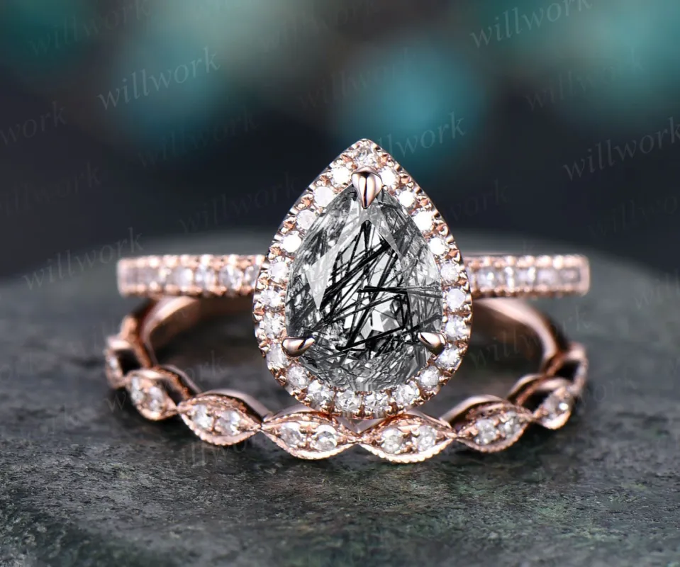Pear shaped black rutilated quartz engagement ring set vintage diamond ring set unique anniversary ring set rose gold ring set for women sold by Willwork Jewelry