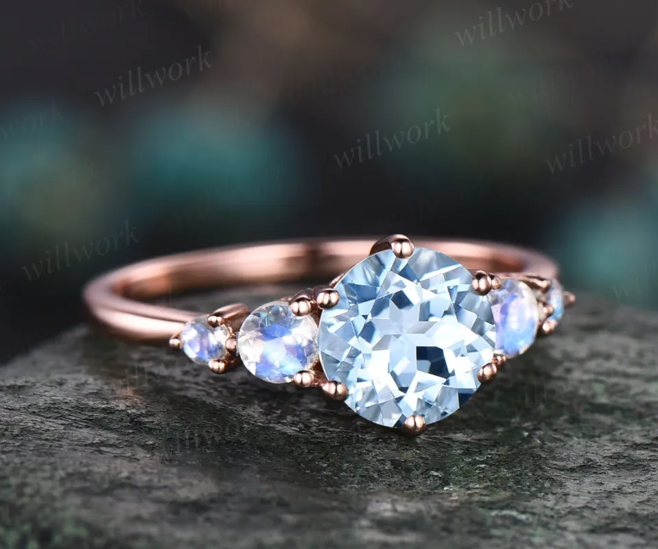 Unique vintage round cut aquamarine engagement ring minimalist five stone moonstone ring for women 18k rose gold silver anniversary ring sold by Willwork Jewelry