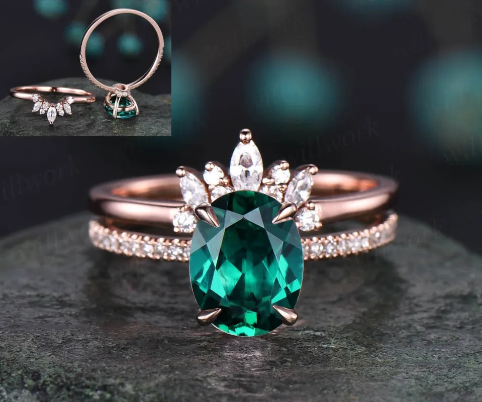 Unique vintage emerald wedding bridal set 2pcs emerald engagement ring set diamond ring marquise crown moissanite rose gold wedding band sold by Willwork Jewelry