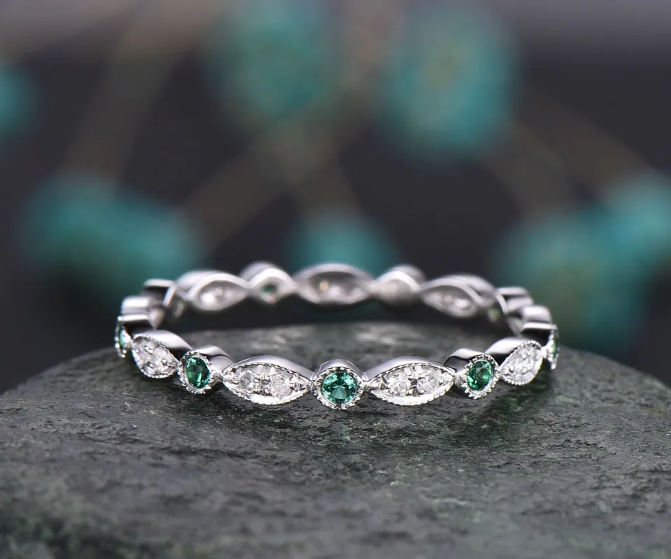 Natural emerald ring Full eternity diamond wedding band art deco ring solid 14k white gold bridal anniversary ring gift sold by Willwork Jewelry
