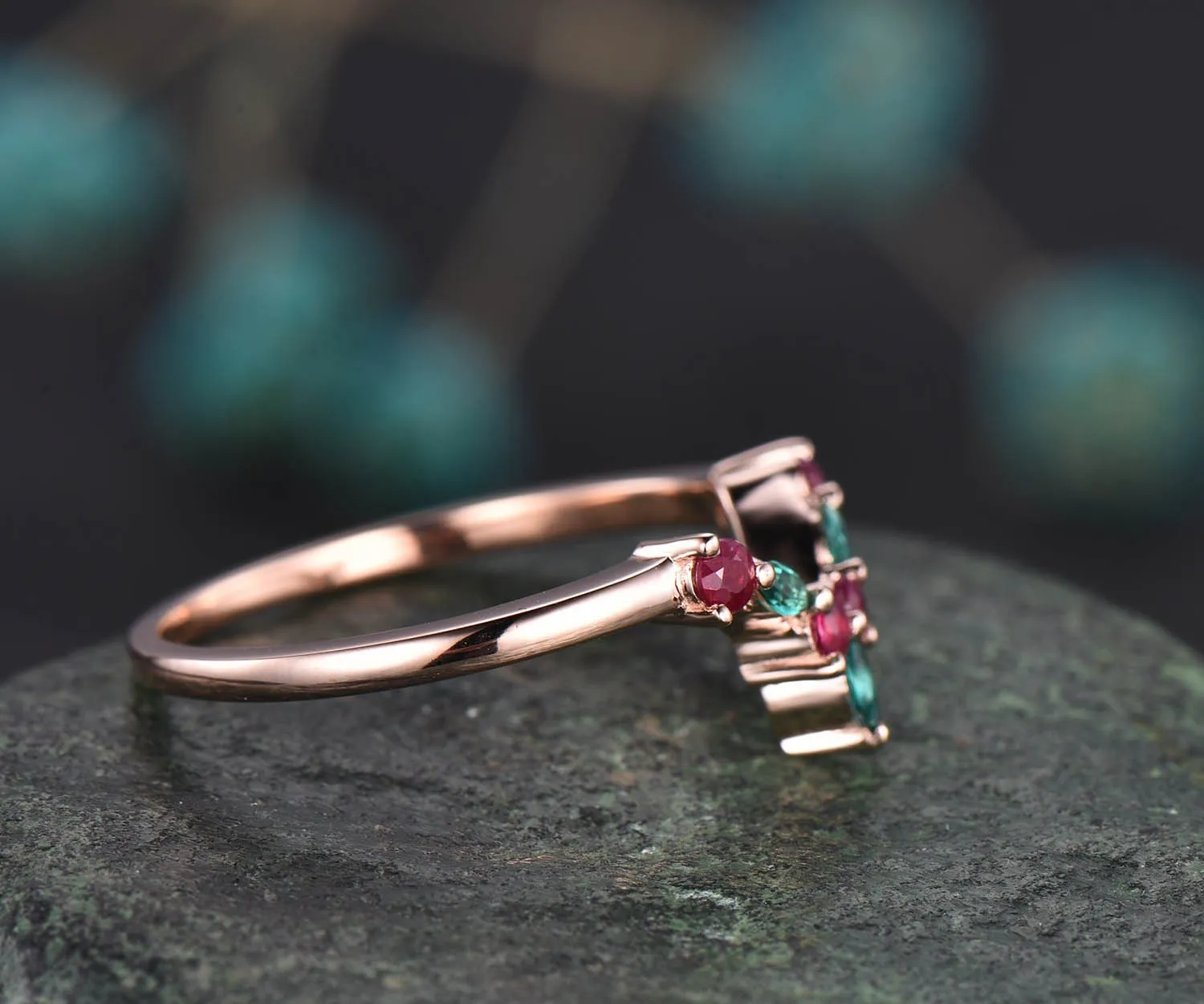 Curved v shaped wedding band art deco emerald ring marquise wedding band natural ruby wedding band rose gold jewelry women bridal ring gift sold by Willwork Jewelry product image thumbnail 4