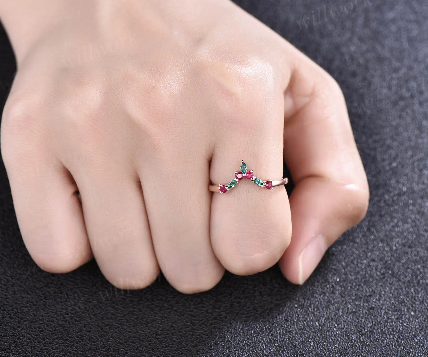 Curved v shaped wedding band art deco emerald ring marquise wedding band natural ruby wedding band rose gold jewelry women bridal ring gift sold by Willwork Jewelry product image thumbnail 2