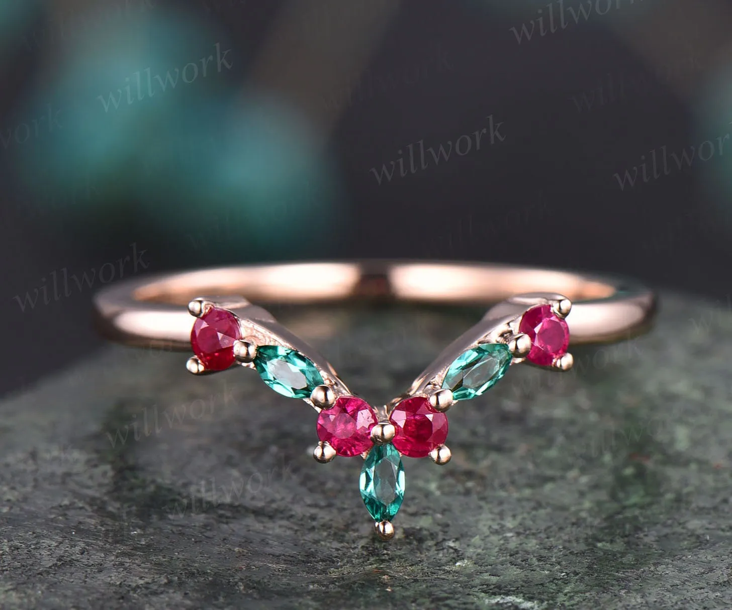 Curved v shaped wedding band art deco emerald ring marquise wedding band natural ruby wedding band rose gold jewelry women bridal ring gift sold by Willwork Jewelry product image thumbnail 3