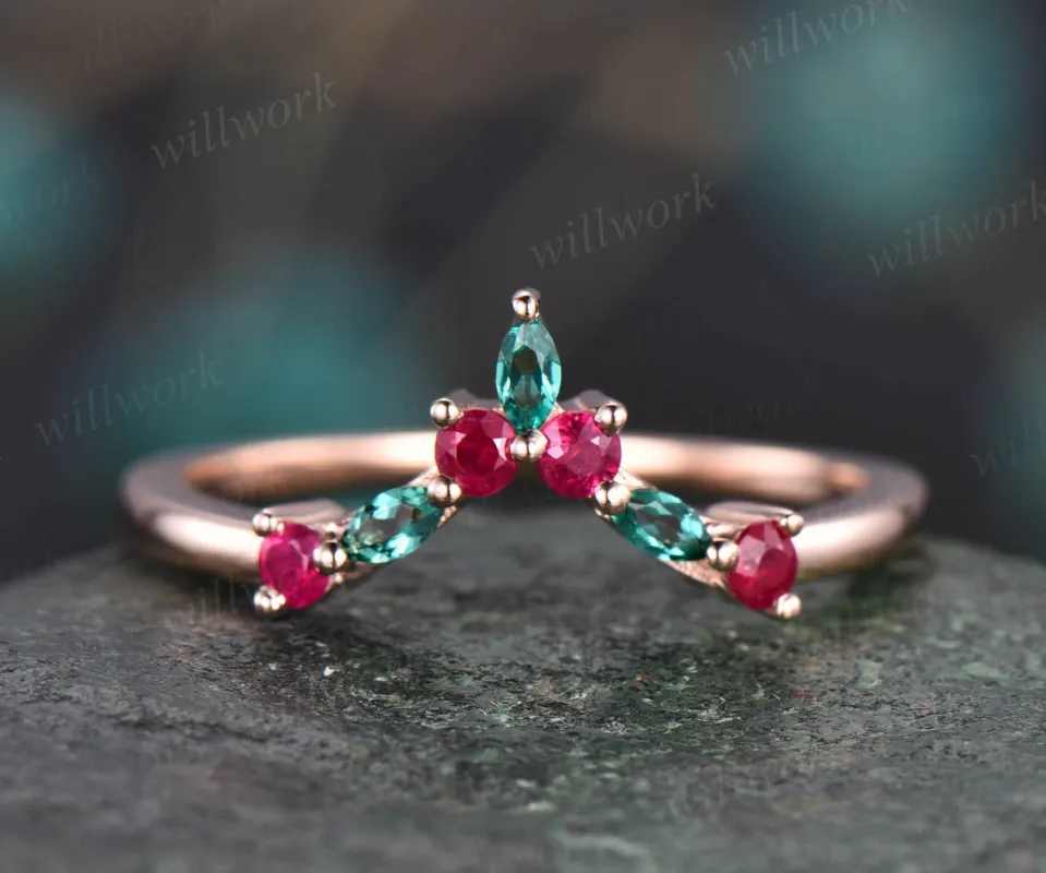 Curved v shaped wedding band art deco emerald ring marquise wedding band natural ruby wedding band rose gold jewelry women bridal ring gift sold by Willwork Jewelry