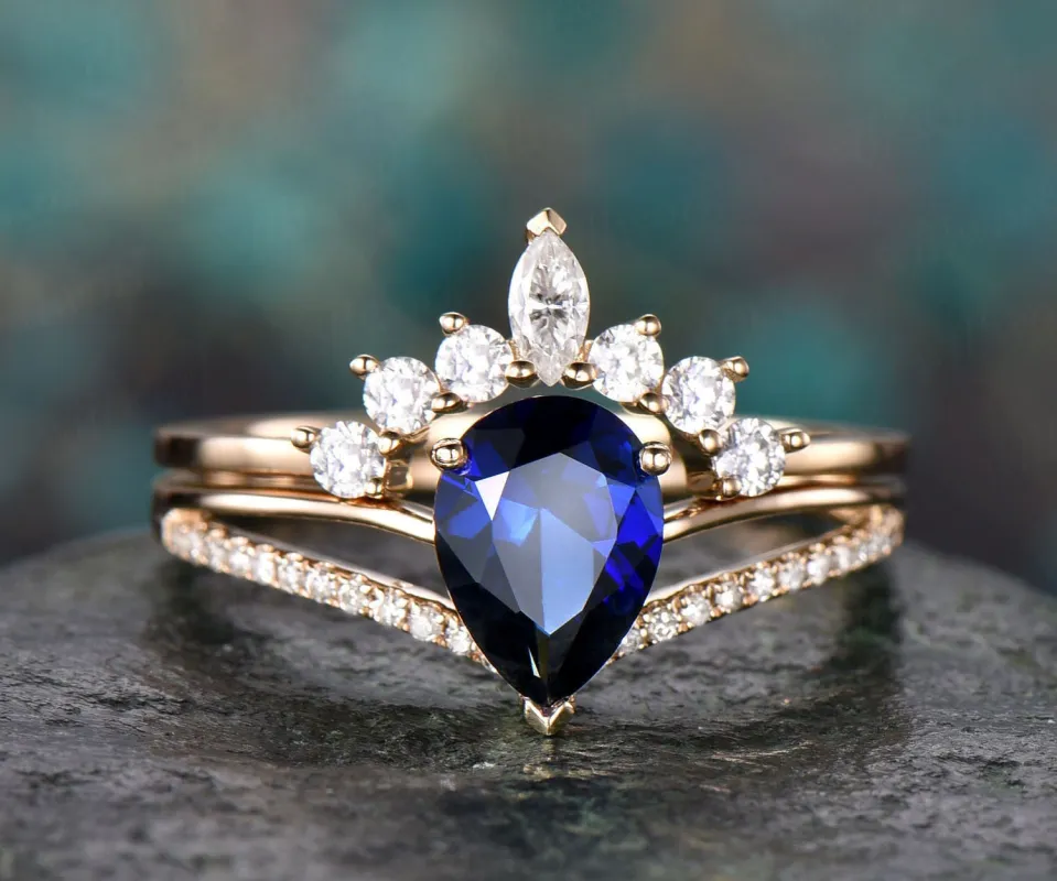6x8mm 2pc sapphire bridal set sapphire engagement ring set yellow rose gold art deco moissanite crown ring band diamond wedding ring gift made by Willwork Jewelry