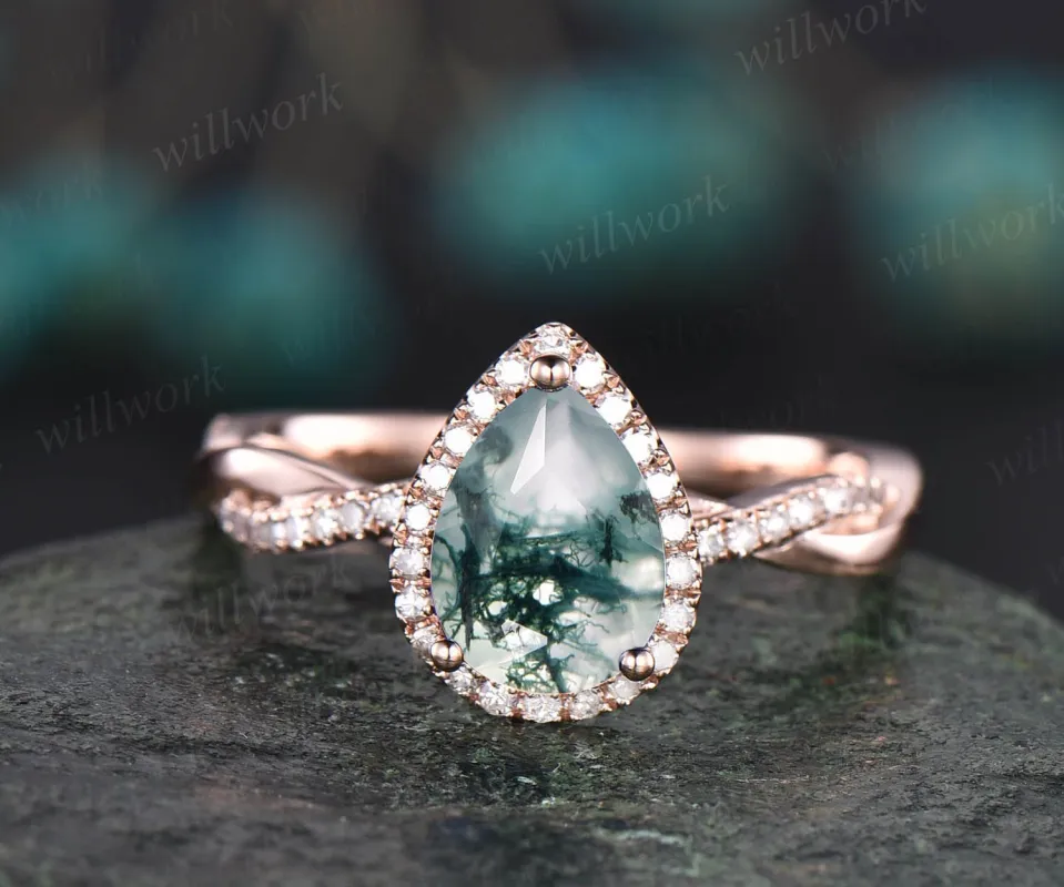 Pear shaped moss agate engagement ring vintage rose gold wedding ring twisted infinity diamond ring for women green moss ring jewelry gift sold by Willwork Jewelry