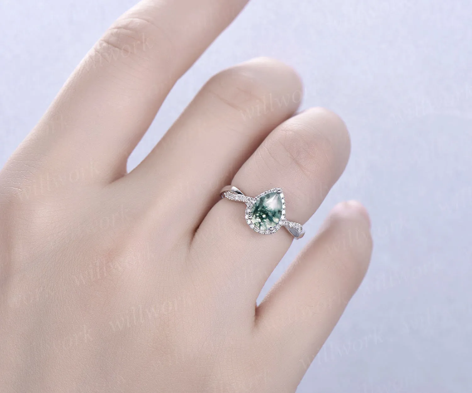 Pear shaped moss agate engagement ring vintage rose gold wedding ring twisted infinity diamond ring for women green moss ring jewelry gift sold by Willwork Jewelry product image thumbnail 2