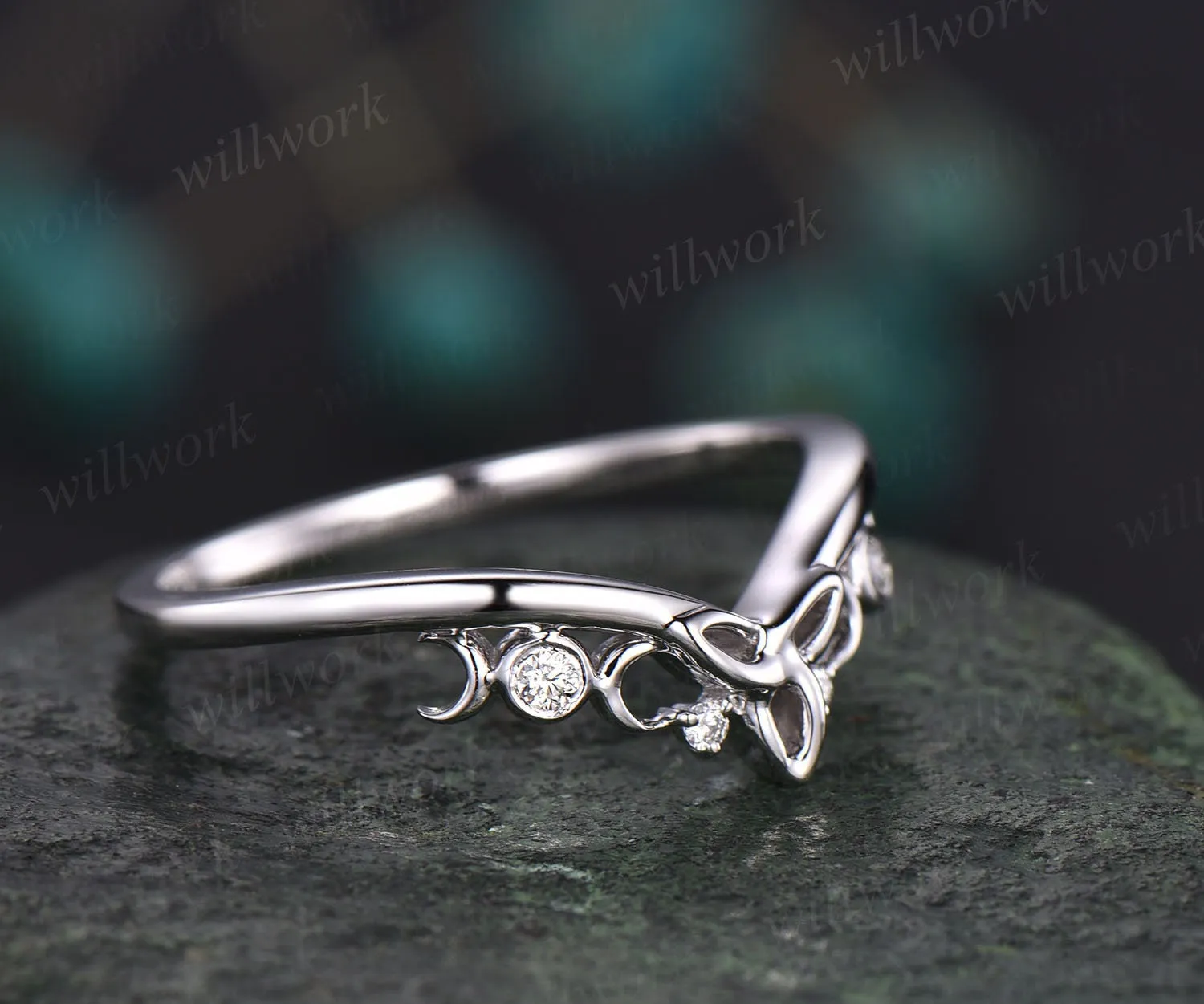 Unique diamond wedding ring moon ring norse viking ring vintage diamond wedding band 14k white gold ring anniversary bridal ring for women sold by Willwork Jewelry product image thumbnail 5