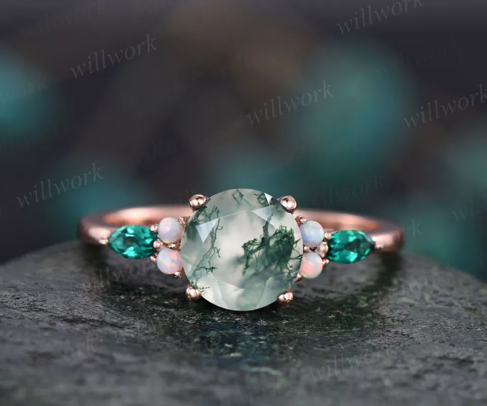 Vintage moss agate engagement ring unique opal ring marquise emerald ring rose gold ring women jewelry birthday gift bridal anniversary ring sold by Willwork Jewelry