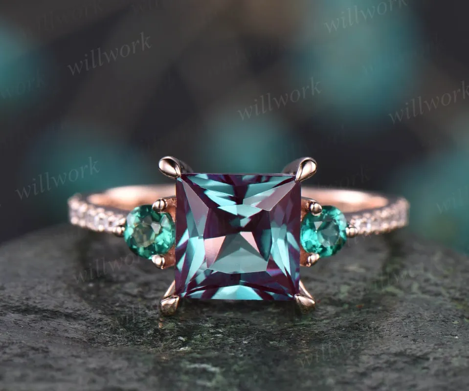 Unique vintage princess cut engagement ring three stone ring emerald ring color change Alexandrite engagement ring rose gold diamond ring sold by Willwork Jewelry