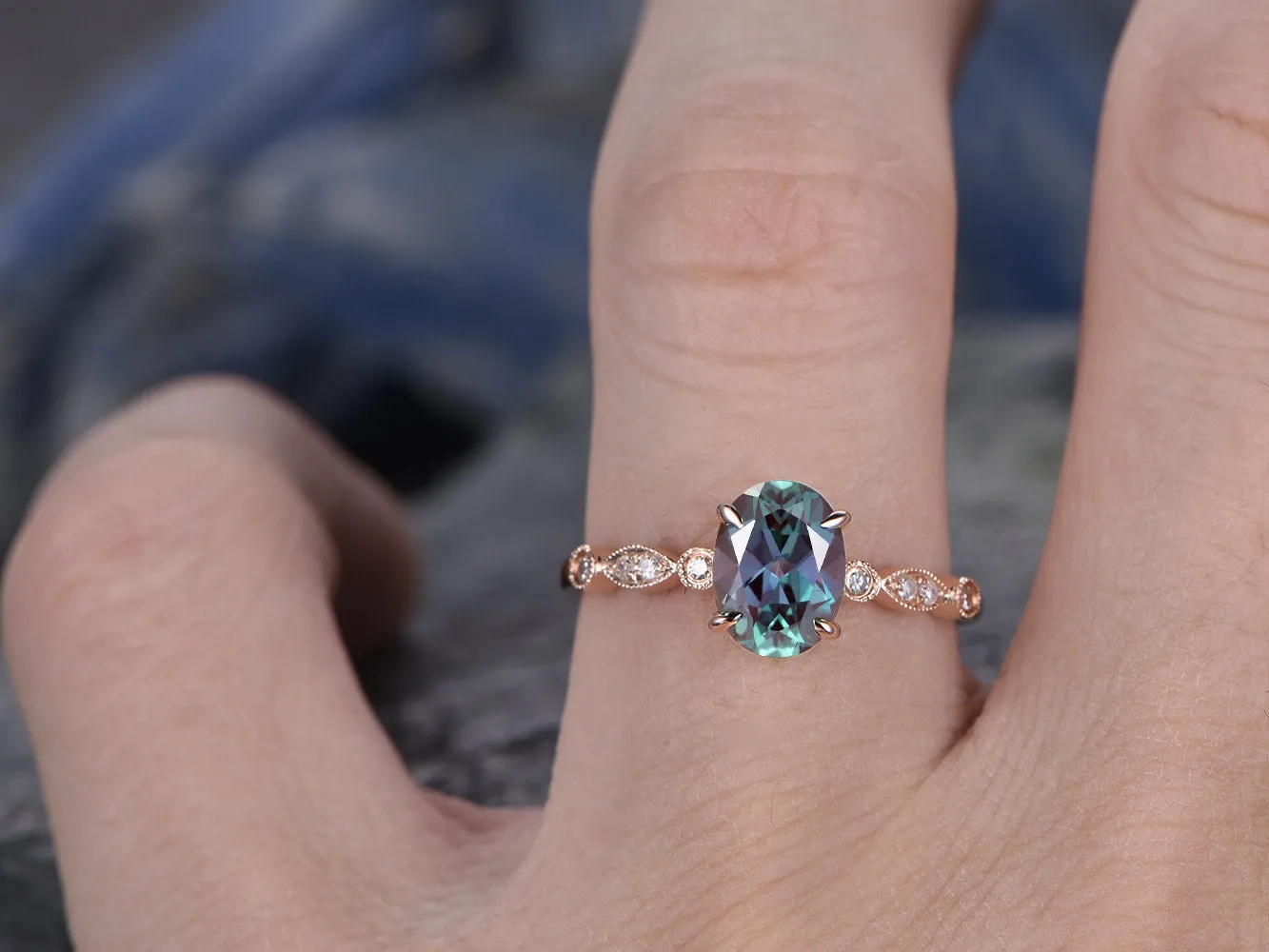 Oval Alexandrite engagement ring solid 14k rose gold Alexandrite ring gold vintage art deco diamond ring June birthstone bridal wedding ring sold by Willwork Jewelry product image thumbnail 2