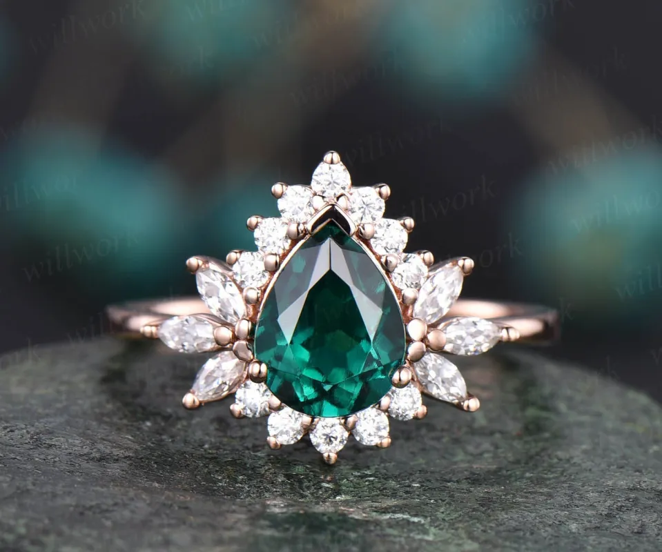 6x8mm pear cut emerald ring vintage unique emerald engagement ring rose gold personalized ring marquise moissanite ring May birthstone ring sold by Willwork Jewelry
