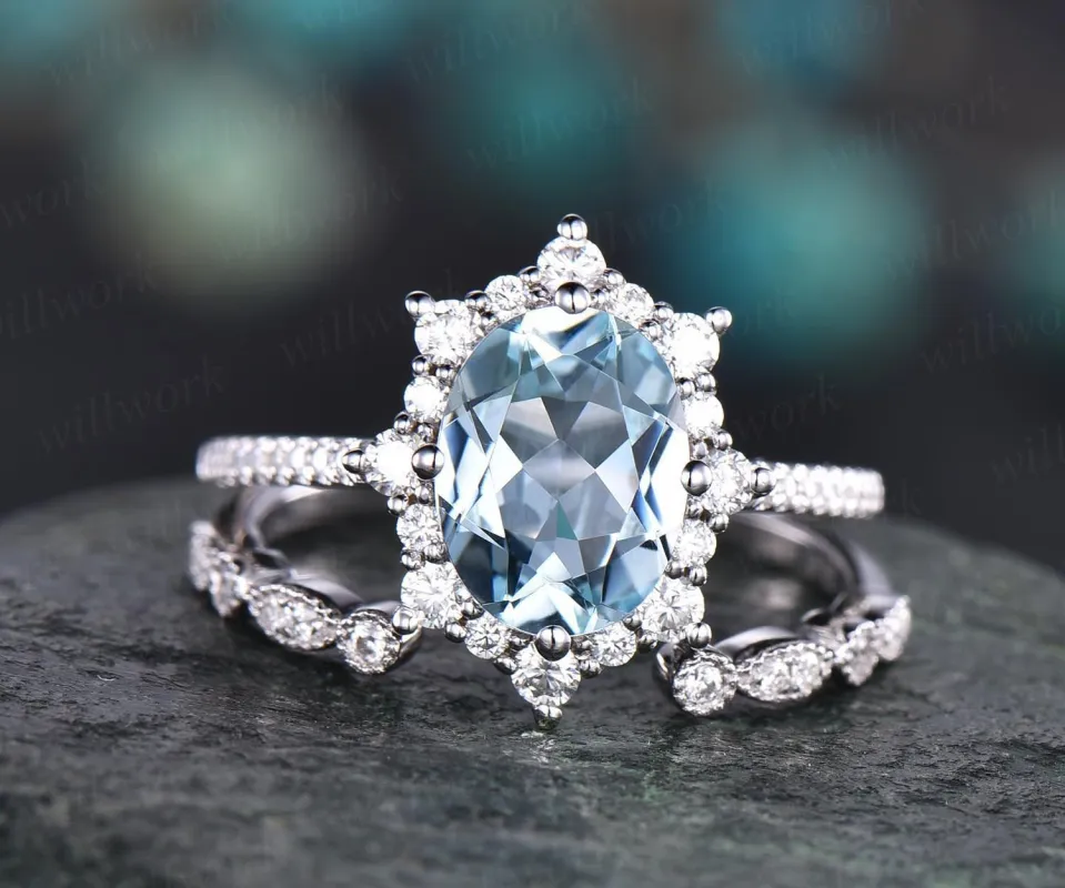 Cluster moissanite halo ring 2pc aquamarine engagement ring set white rose gold aquamarine ring vintage open gap diamond wedding ring band made by Willwork Jewelry