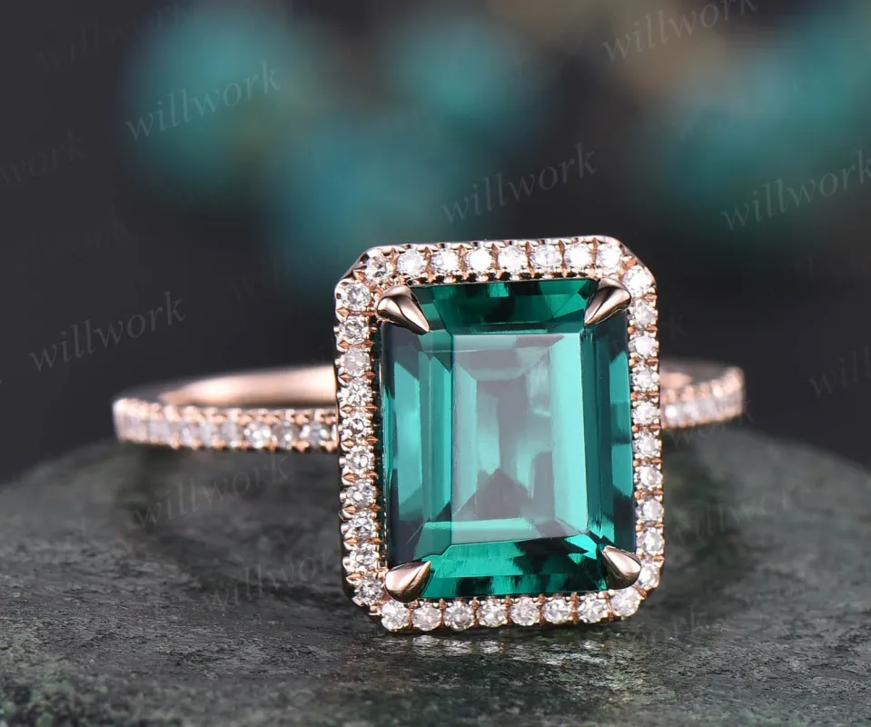 8x10mm emerald cut emerald engagement ring 14k rose gold diamond halo ring May birthstone ring vintage emerald ring jewelry anniversary gift sold by Willwork Jewelry