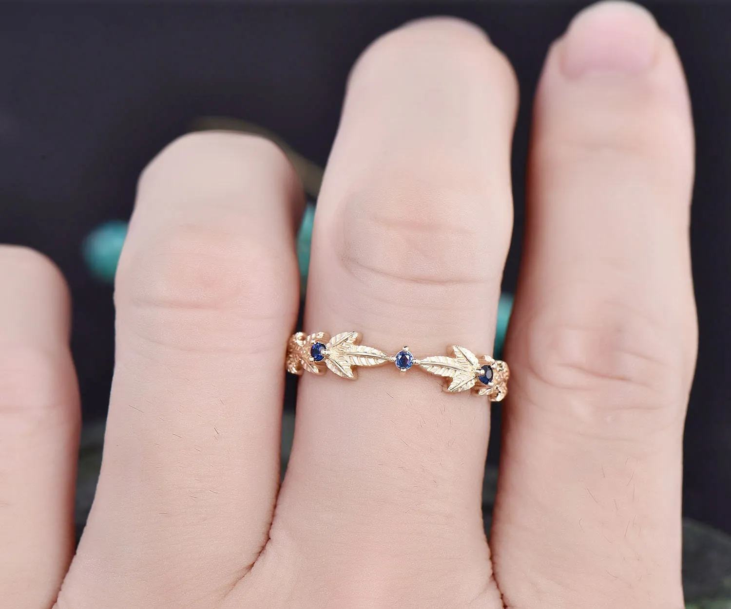 Vintage natural sapphire ring band leaf sapphire wedding band 14k yellow gold September birthstone ring unique engagement ring gift for her sold by Willwork Jewelry product image thumbnail 2