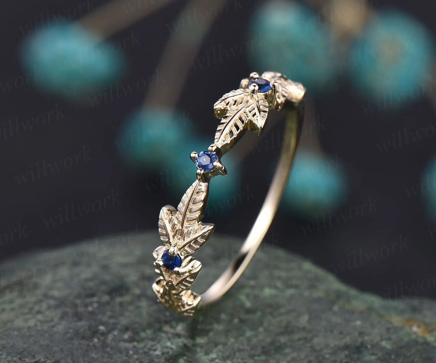 Vintage natural sapphire ring band leaf sapphire wedding band 14k yellow gold September birthstone ring unique engagement ring gift for her sold by Willwork Jewelry product image thumbnail 4