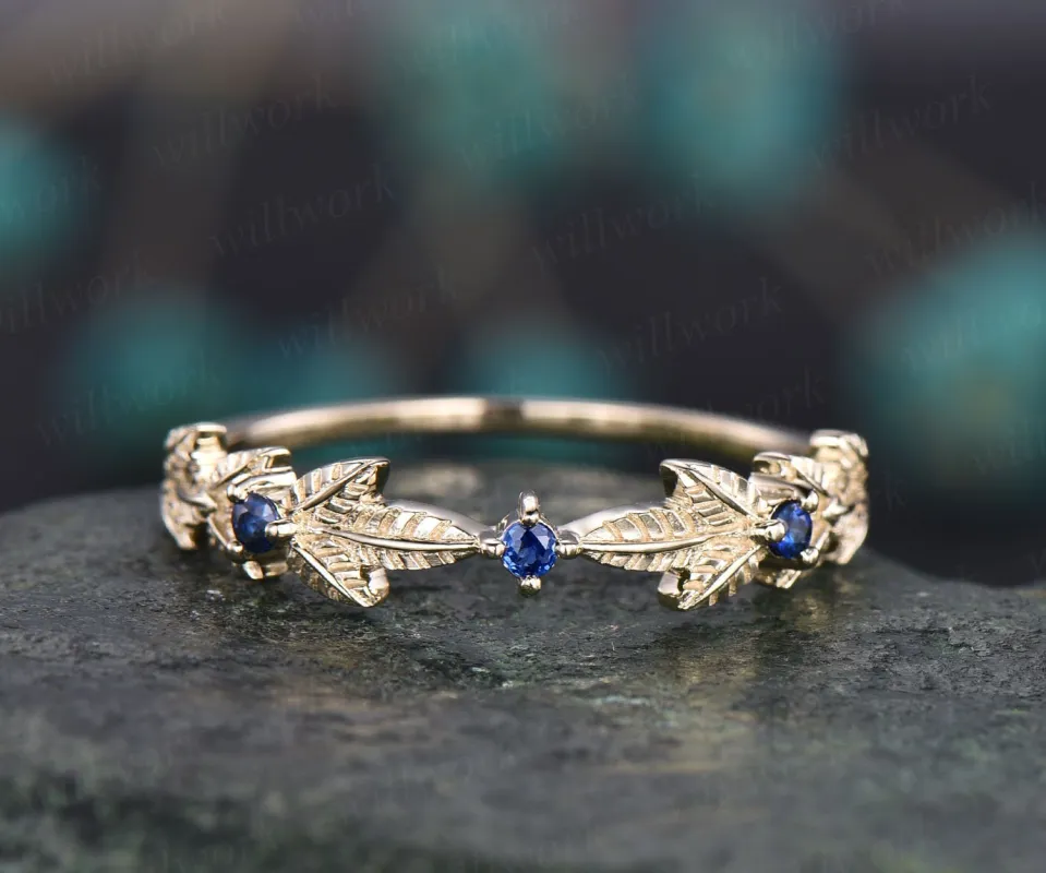 Vintage natural sapphire ring band leaf sapphire wedding band 14k yellow gold September birthstone ring unique engagement ring gift for her sold by Willwork Jewelry