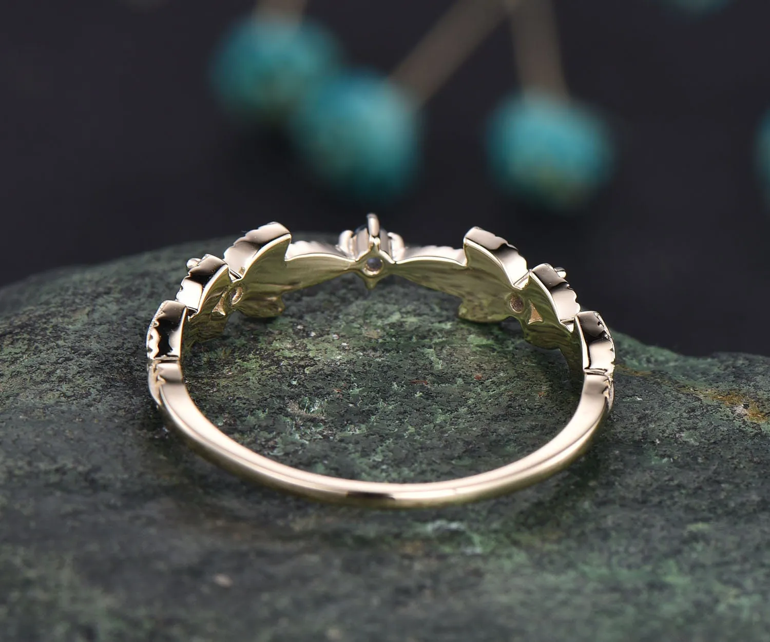 Vintage natural sapphire ring band leaf sapphire wedding band 14k yellow gold September birthstone ring unique engagement ring gift for her sold by Willwork Jewelry product image thumbnail 5