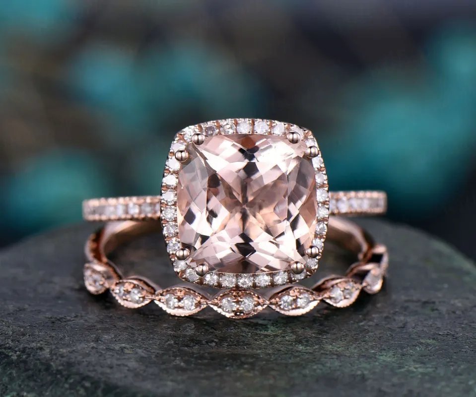 9mm cushion cut morganite bridal set pink morganite engagement ring set rose gold ring set art deco diamond ring set moissantie ring set made by Willwork Jewelry