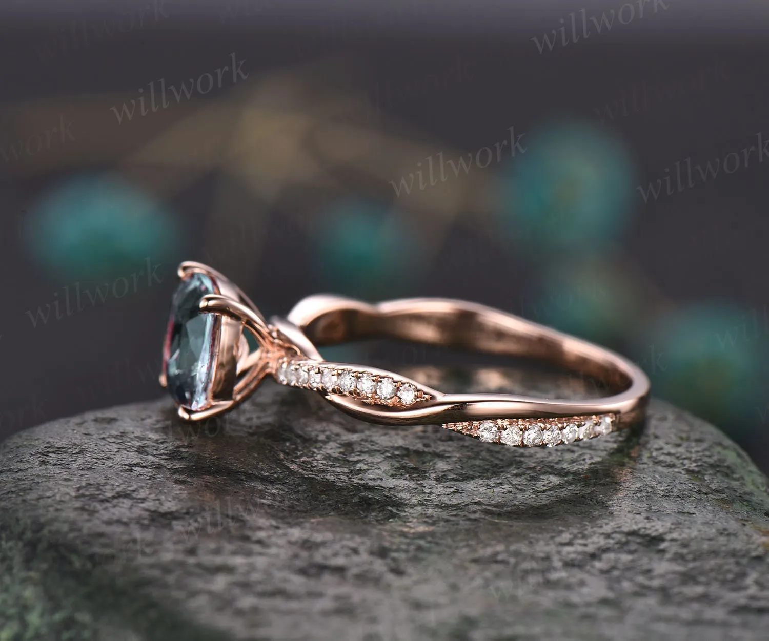Cushion moss agate engagement ring for women vintage rose gold ring twisted infinity diamond ring eternity ring organic stone ring jewelry sold by Willwork Jewelry product image thumbnail 3