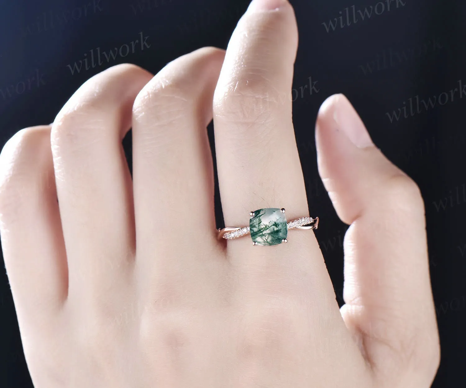 Cushion moss agate engagement ring for women vintage rose gold ring twisted infinity diamond ring eternity ring organic stone ring jewelry sold by Willwork Jewelry product image thumbnail 2