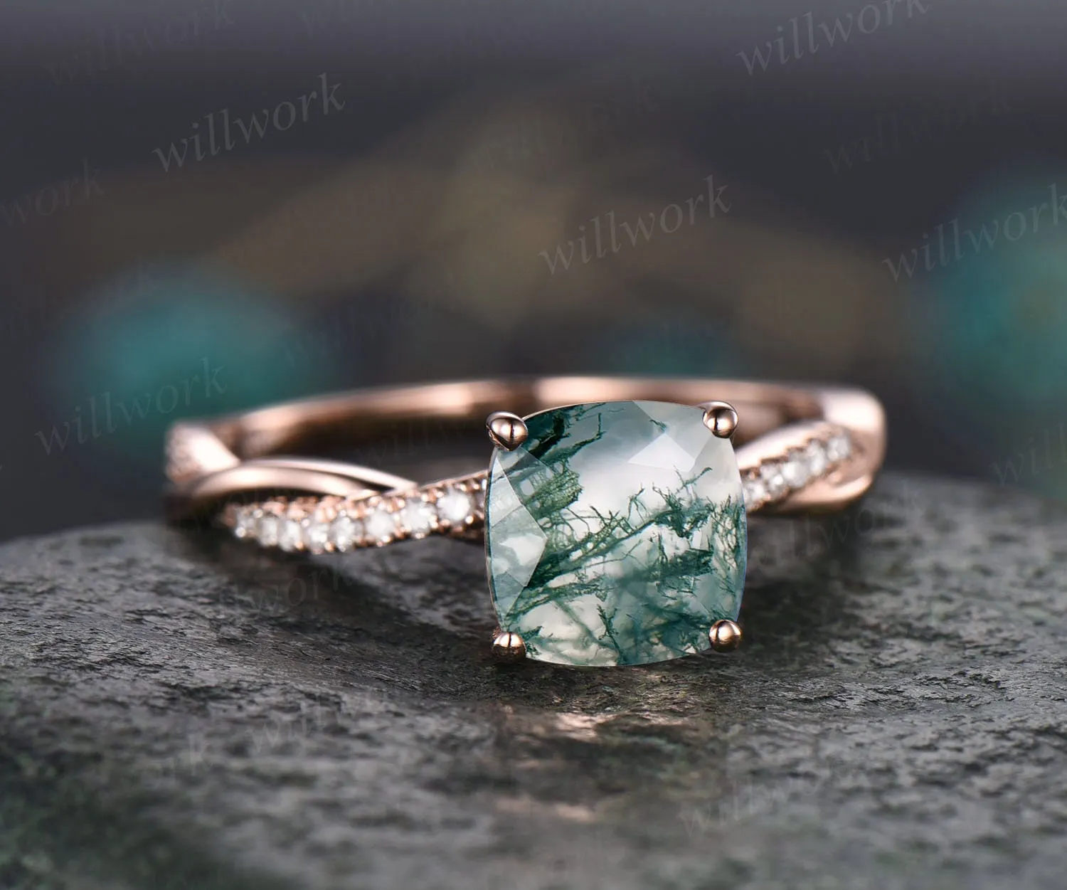 Cushion moss agate engagement ring for women vintage rose gold ring twisted infinity diamond ring eternity ring organic stone ring jewelry sold by Willwork Jewelry product image thumbnail 4