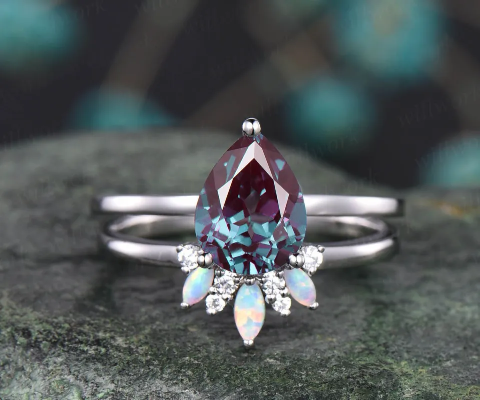 Alexandrite bridal set marquise opal wedding ring band unique moissanite ring 2pcs Teardrop Alexandrite engagement ring set white gold sold by Willwork Jewelry