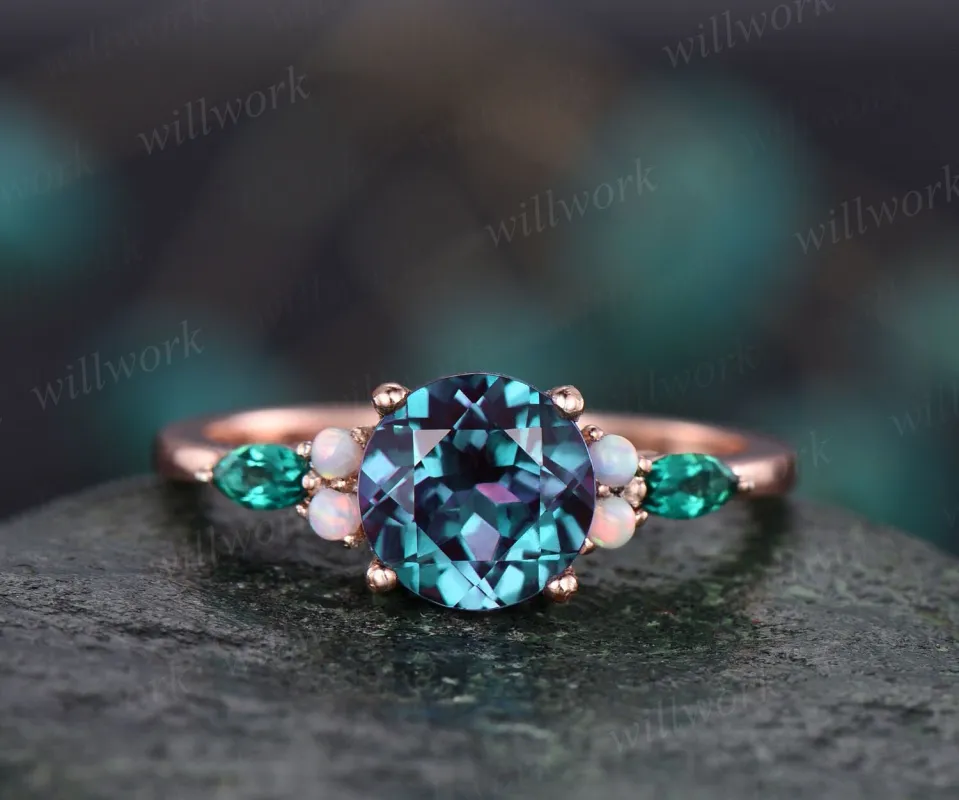 Round Alexandrite engagement ring vintage opal ring marquise emerald ring for women rose gold ring jewelry unique anniversary wedding ring sold by Willwork Jewelry