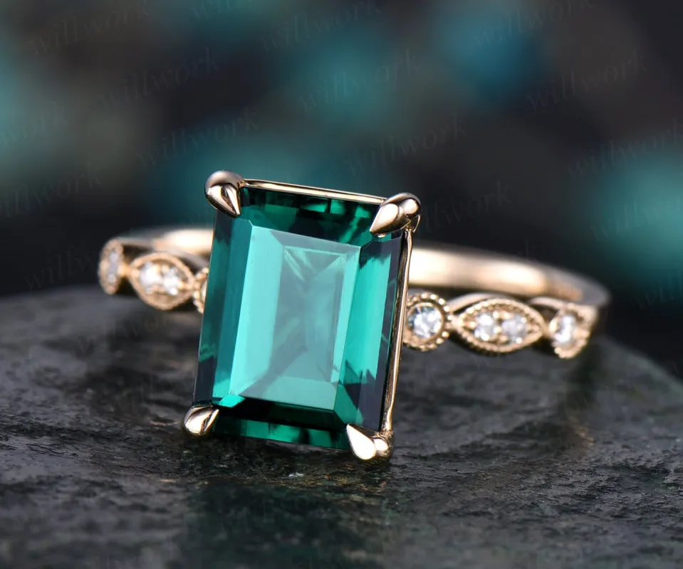 Emerald cut emerald engagement ring 14k yellow gold real diamond ring art deco emerald ring gold vintage wedding women promise ring jewelry sold by Willwork Jewelry