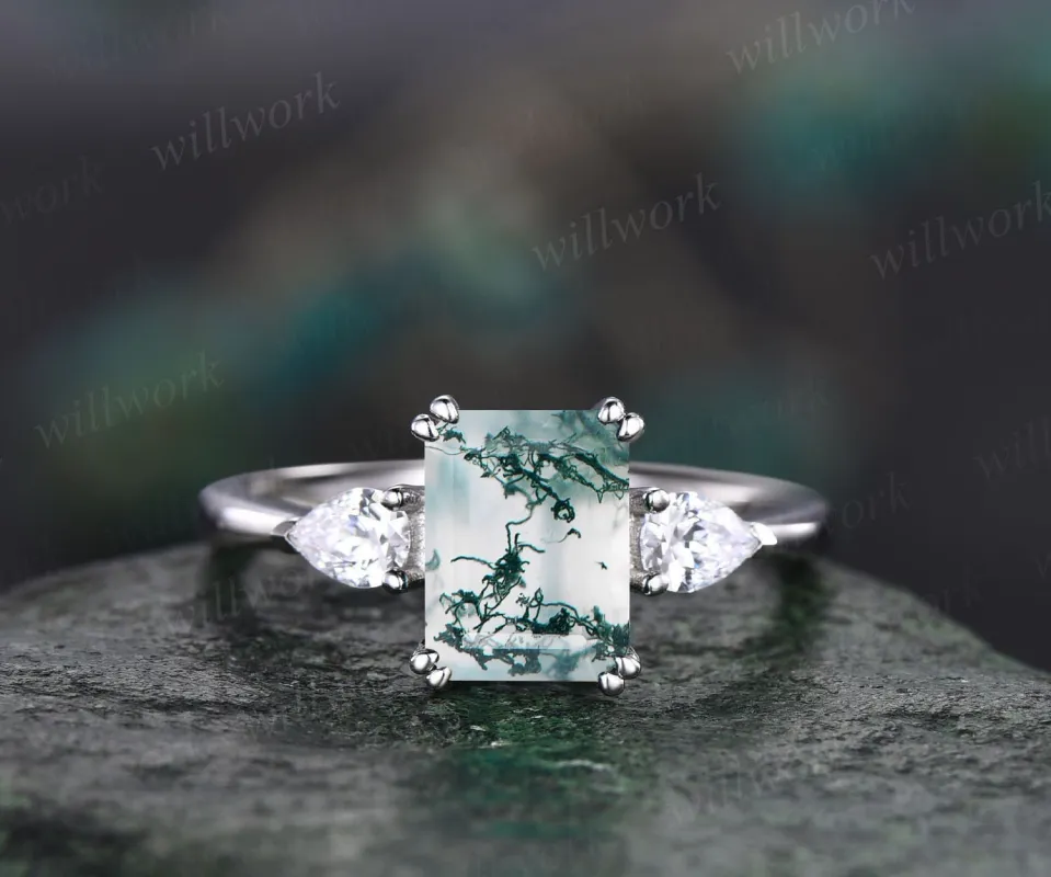 Vintage emerald cut moss agate engagement ring white gold three stone ring pear shaped moissanite ring unique bridal wedding ring for women sold by Willwork Jewelry