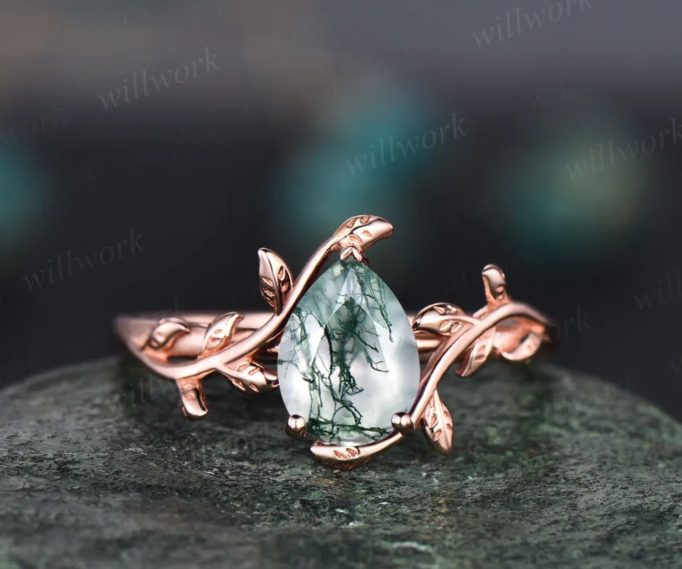 Vintage pear shaped moss agate engagement ring leaf flower art deco unique rose gold engagement ring dainty solitaire promise wedding ring sold by Willwork Jewelry