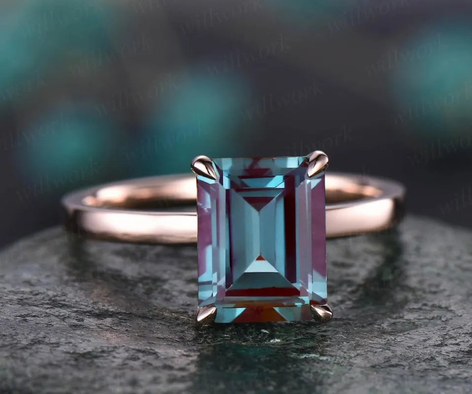 6x8mm emerald cut Alexandrite engagement ring 14k/18k rose gold vintage unique solitaire engagement ring wedding anniversary gift for her sold by Willwork Jewelry