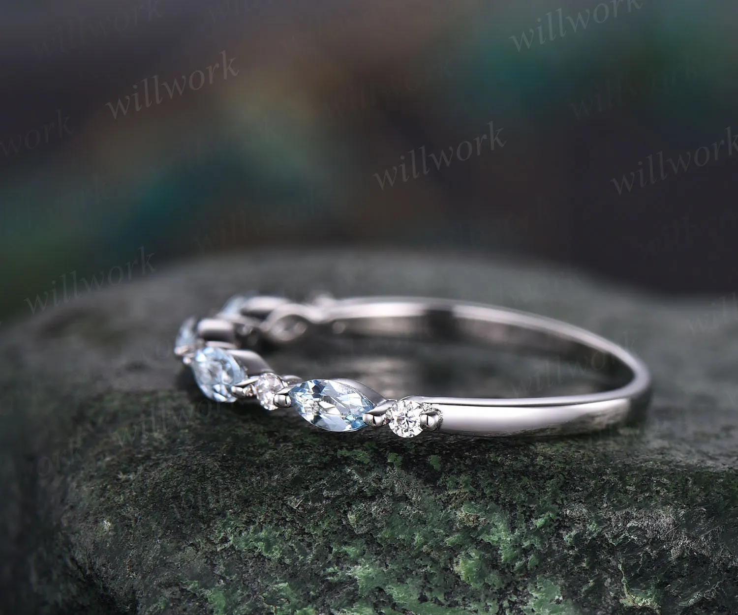Marquise cut aquamarine wedding band art deco aquamarine wedding ring diamond wedding ring band anniversary bridal ring women sold by Willwork Jewelry product image thumbnail 4