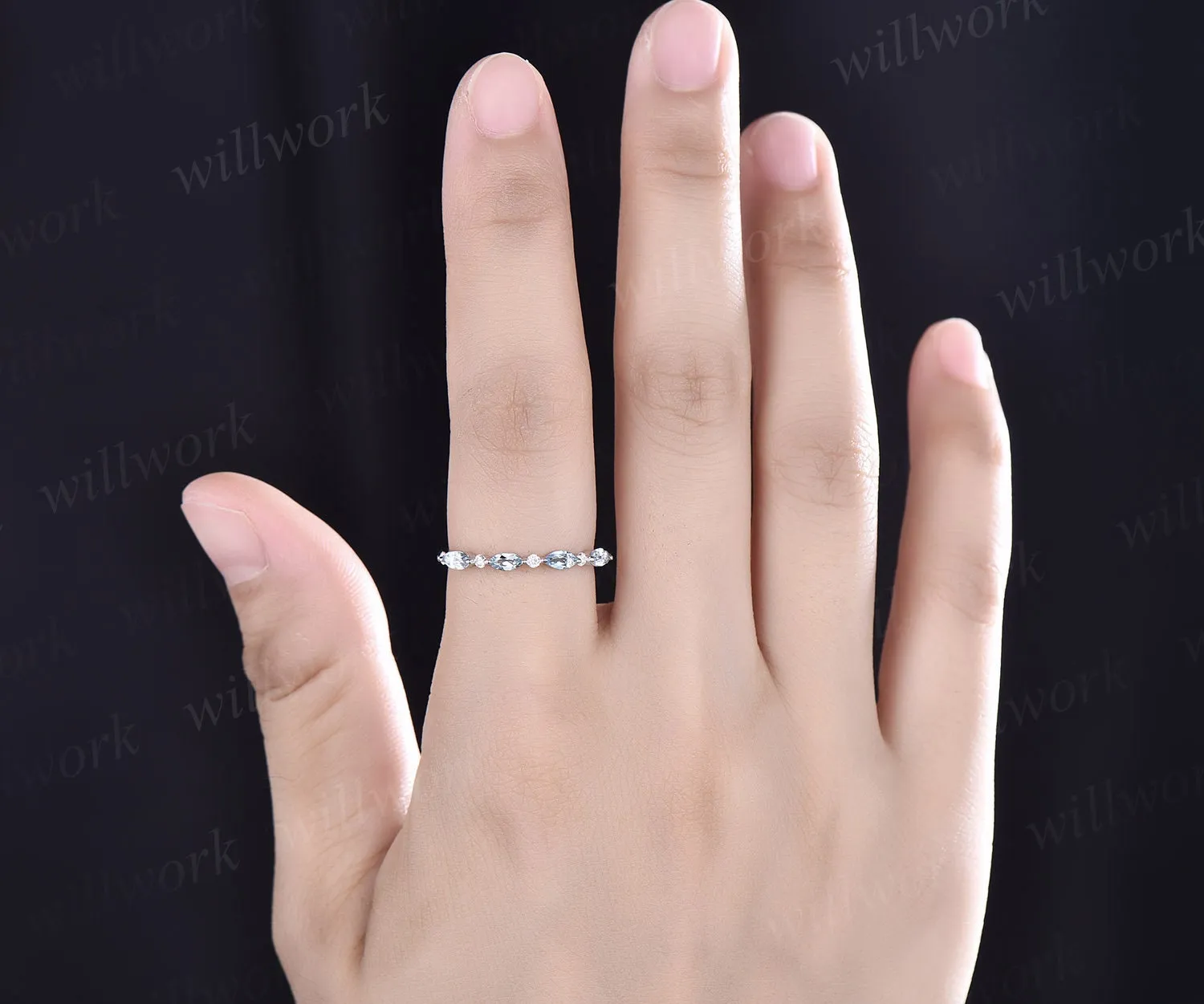Marquise cut aquamarine wedding band art deco aquamarine wedding ring diamond wedding ring band anniversary bridal ring women sold by Willwork Jewelry product image thumbnail 2