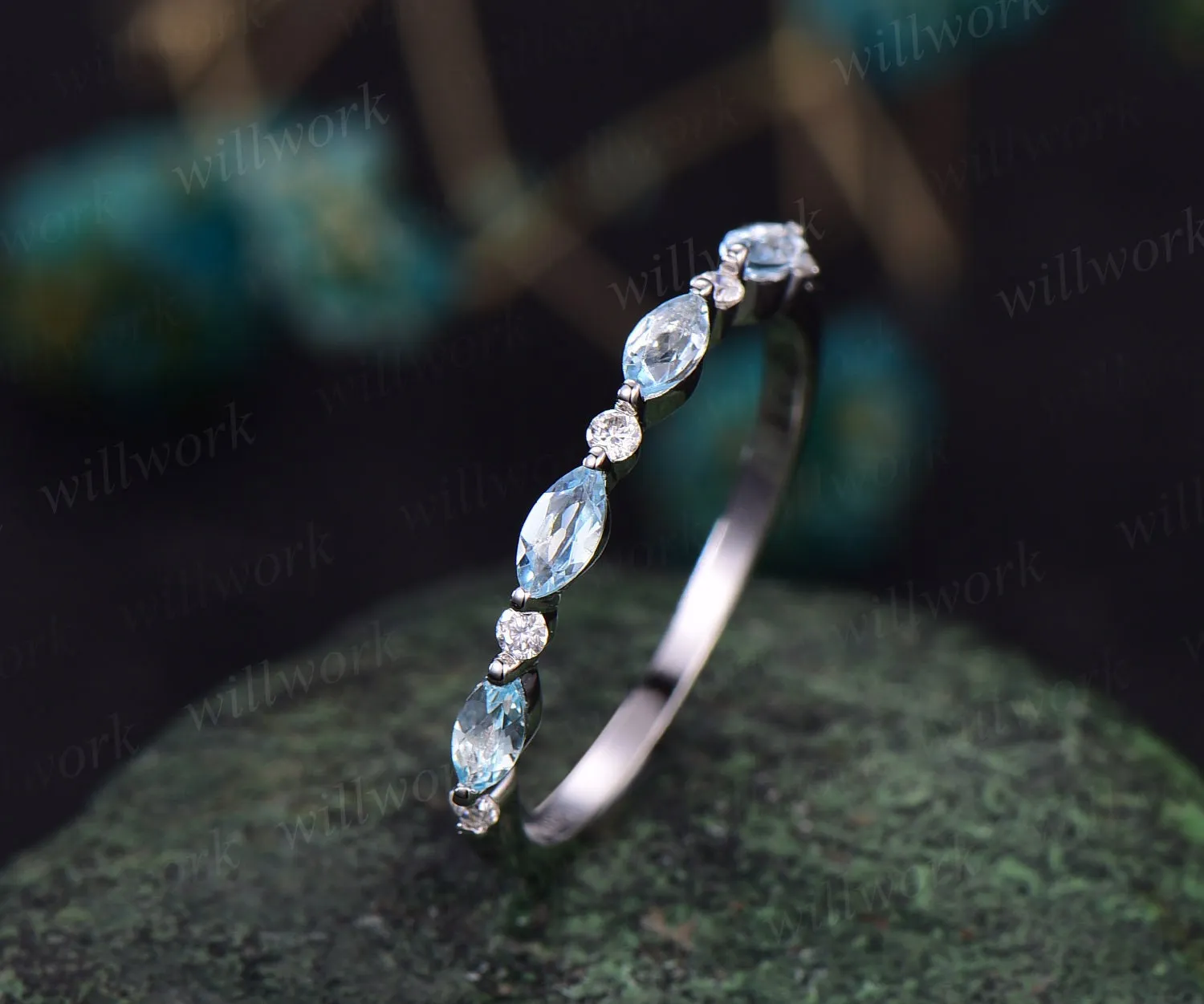 Marquise cut aquamarine wedding band art deco aquamarine wedding ring diamond wedding ring band anniversary bridal ring women sold by Willwork Jewelry product image thumbnail 3