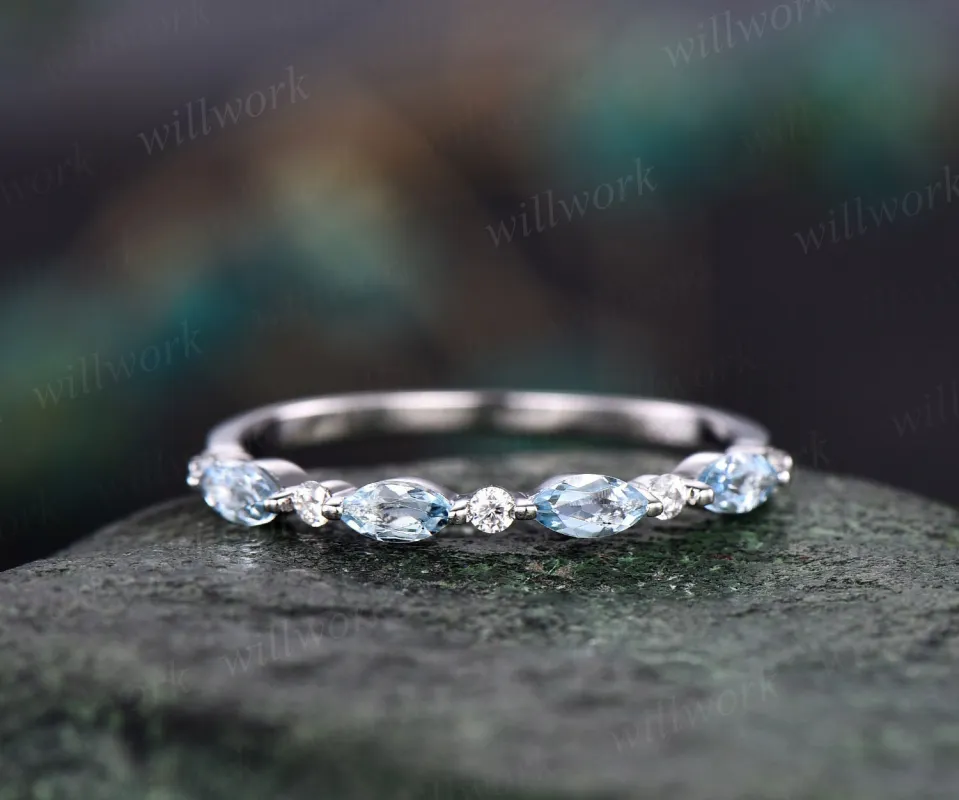 Marquise cut aquamarine wedding band art deco aquamarine wedding ring diamond wedding ring band anniversary bridal ring women made by Willwork Jewelry