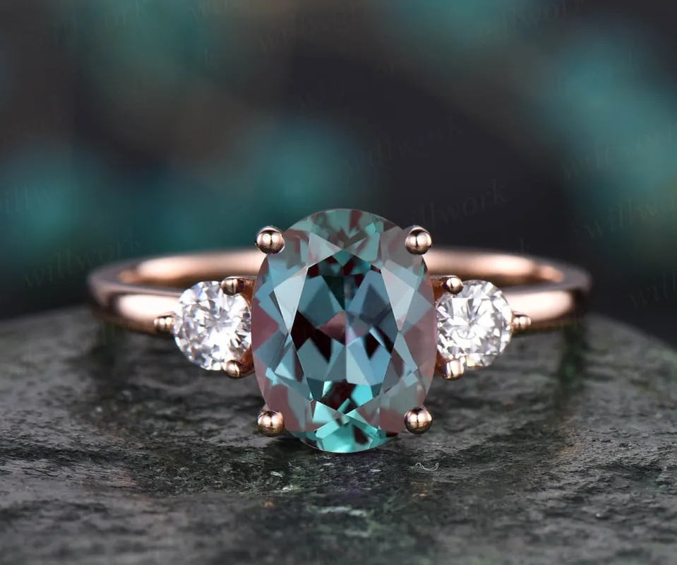 7x9mm oval shaped Alexandrite engagement ring unique vintage three stone moissanite engagement ring for women rose gold ring birthday gift sold by Willwork Jewelry