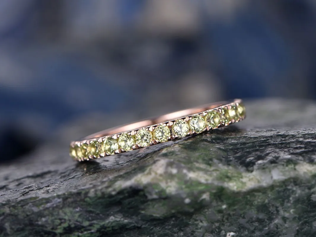 Natural Peridot wedding ring-Solid 14k rose gold-handmade Fine ring-Full eternity band-2mm Matching band-birthstone promise ring made by Willwork Jewelry
