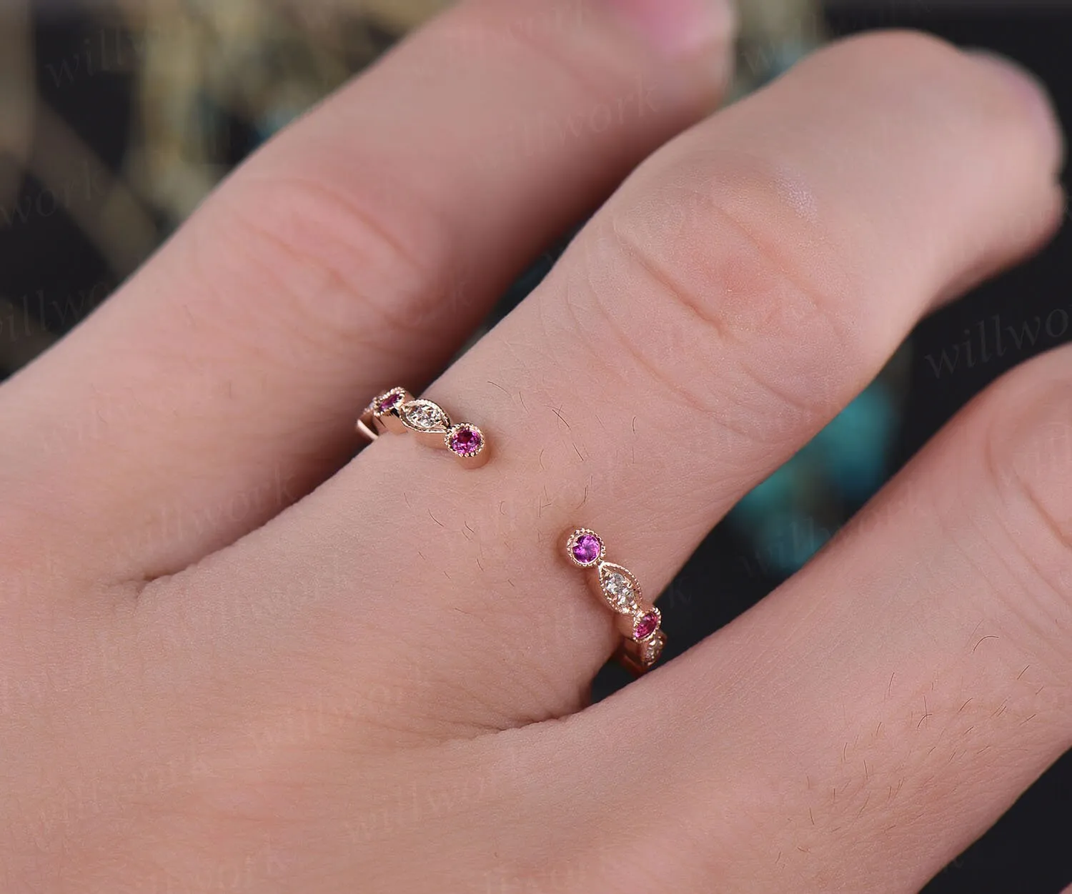 Natural ruby diamond wedding band 14k rose gold real diamond stacking matching wedding half eternity Migrain open gap art deco ring band sold by Willwork Jewelry product image thumbnail 4