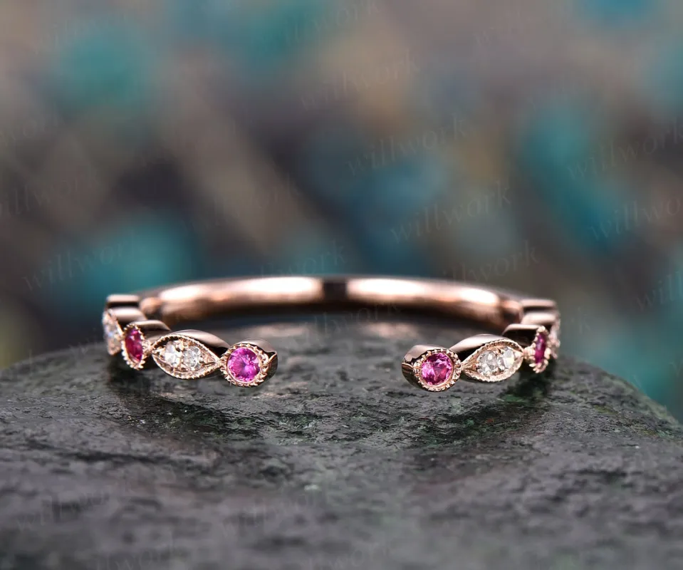 Natural ruby diamond wedding band 14k rose gold real diamond stacking matching wedding half eternity Migrain open gap art deco ring band made by Willwork Jewelry