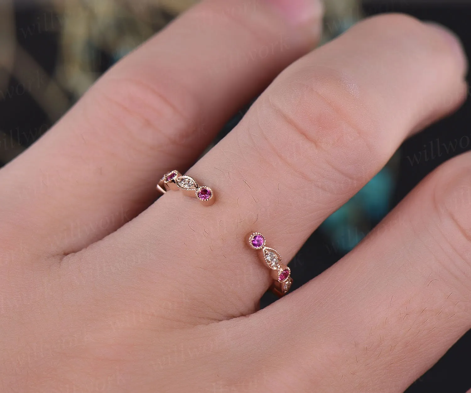 Natural ruby diamond wedding band 14k rose gold real diamond stacking matching wedding half eternity Migrain open gap art deco ring band sold by Willwork Jewelry product image thumbnail 2